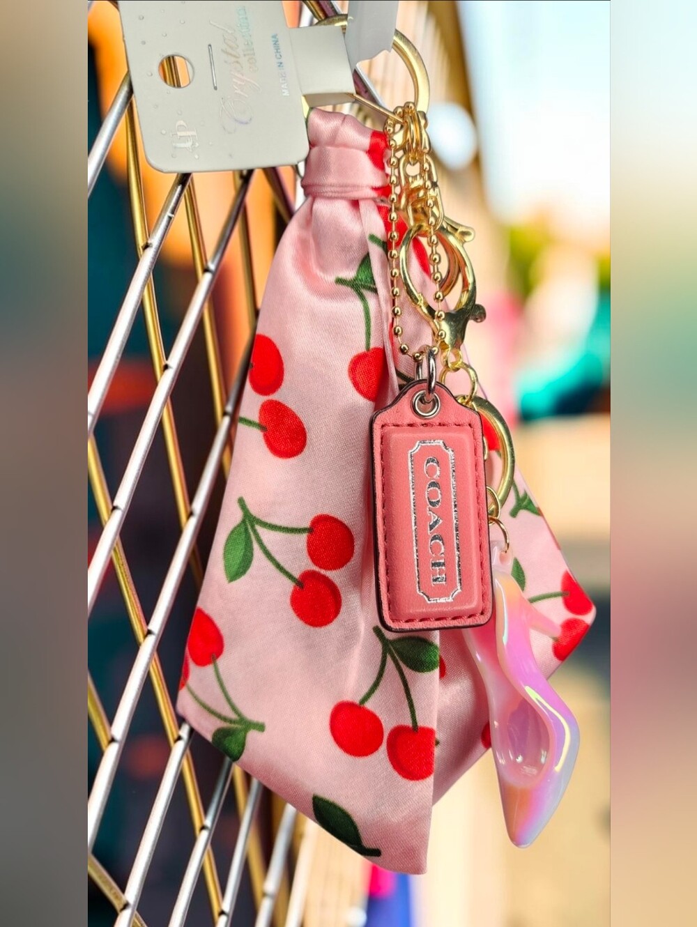 Coach Pink Cherry Silk Scarf Keychain With Gold Hardware